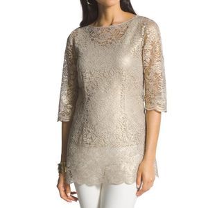 NWT Sz 2 Chico's Black Label Foil Lace Tunic Top Harbor Taupe